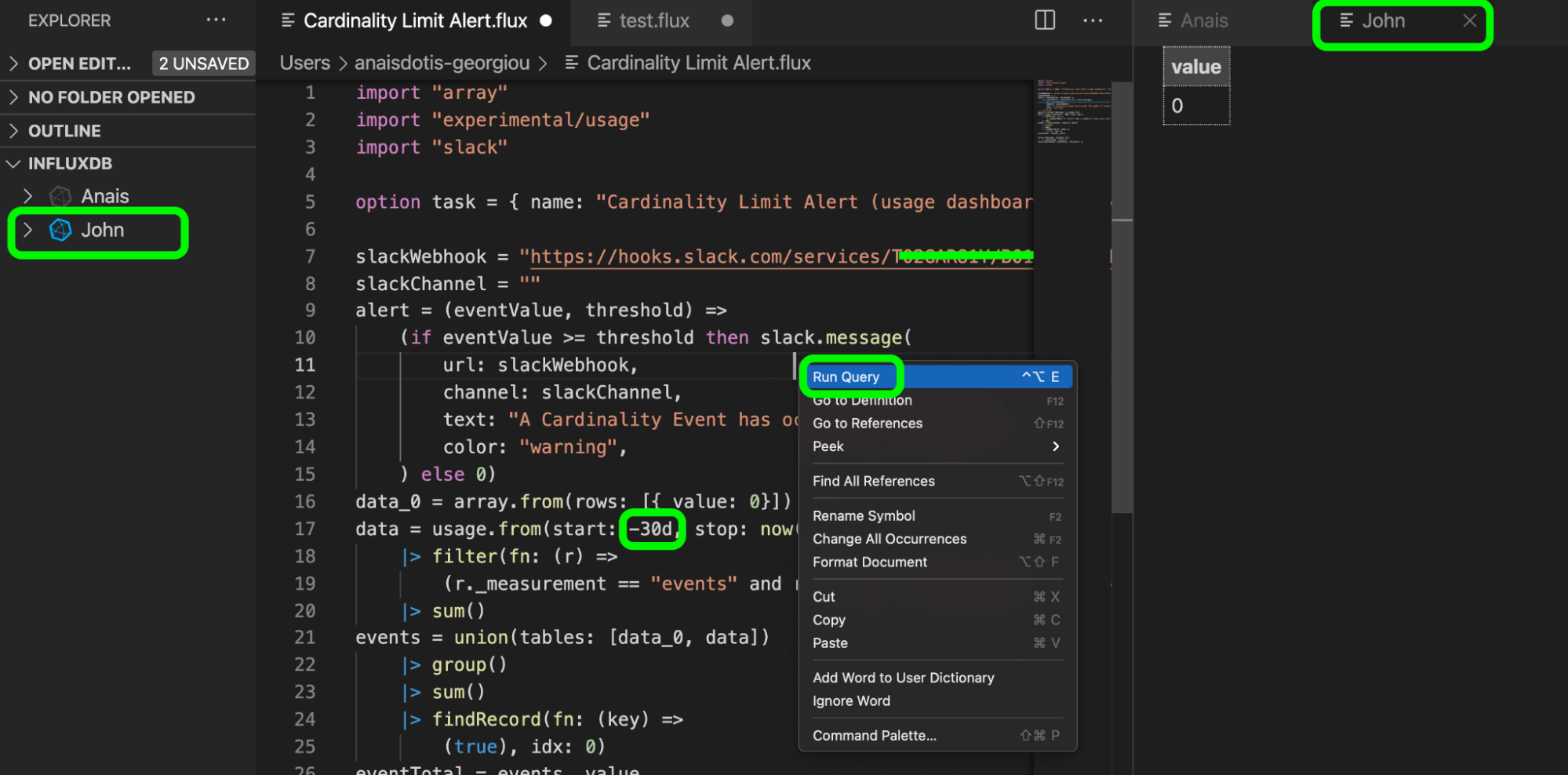 An example of editing a Task in VS Code with the Flux extension