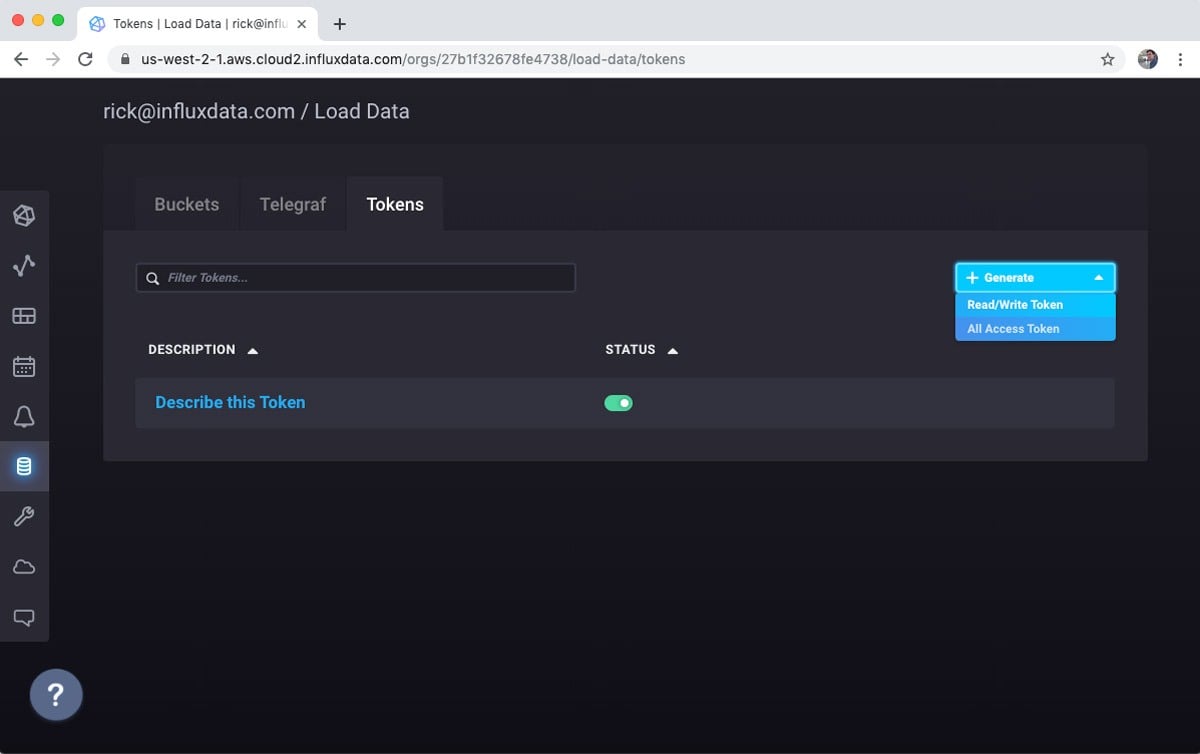 InfluxDB Cloud - Load data tokens - generate