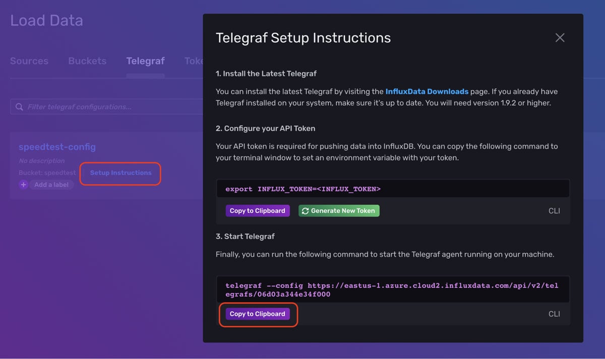 Telegraf Setup Instructions Popup