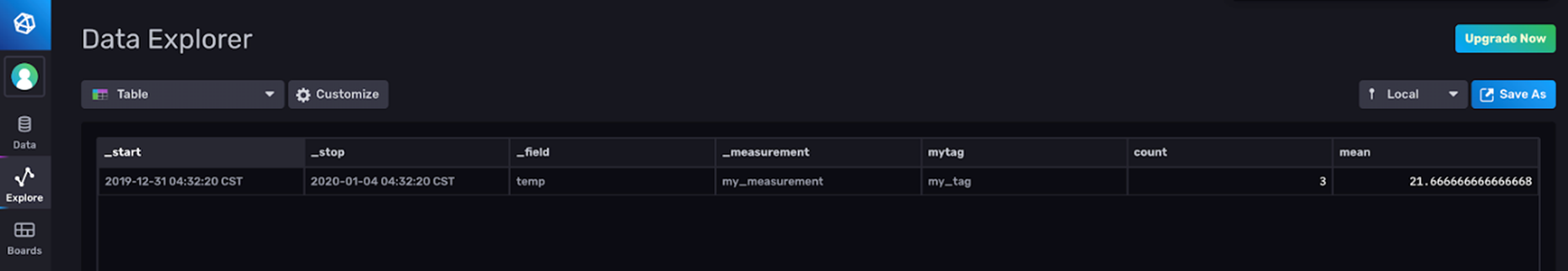 influxdb visualize column table