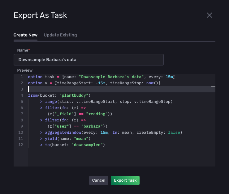 Export as task tab