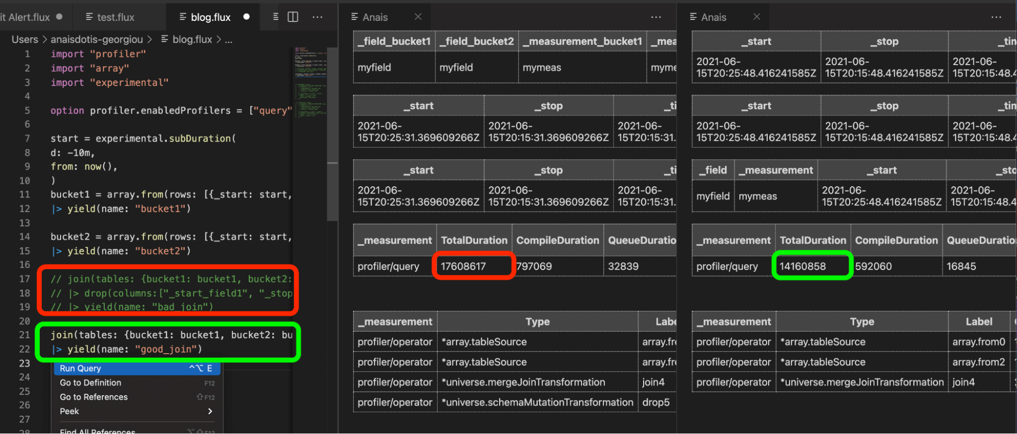 Using the Flux VS Code extension to compare the outputs of the Flux profiler