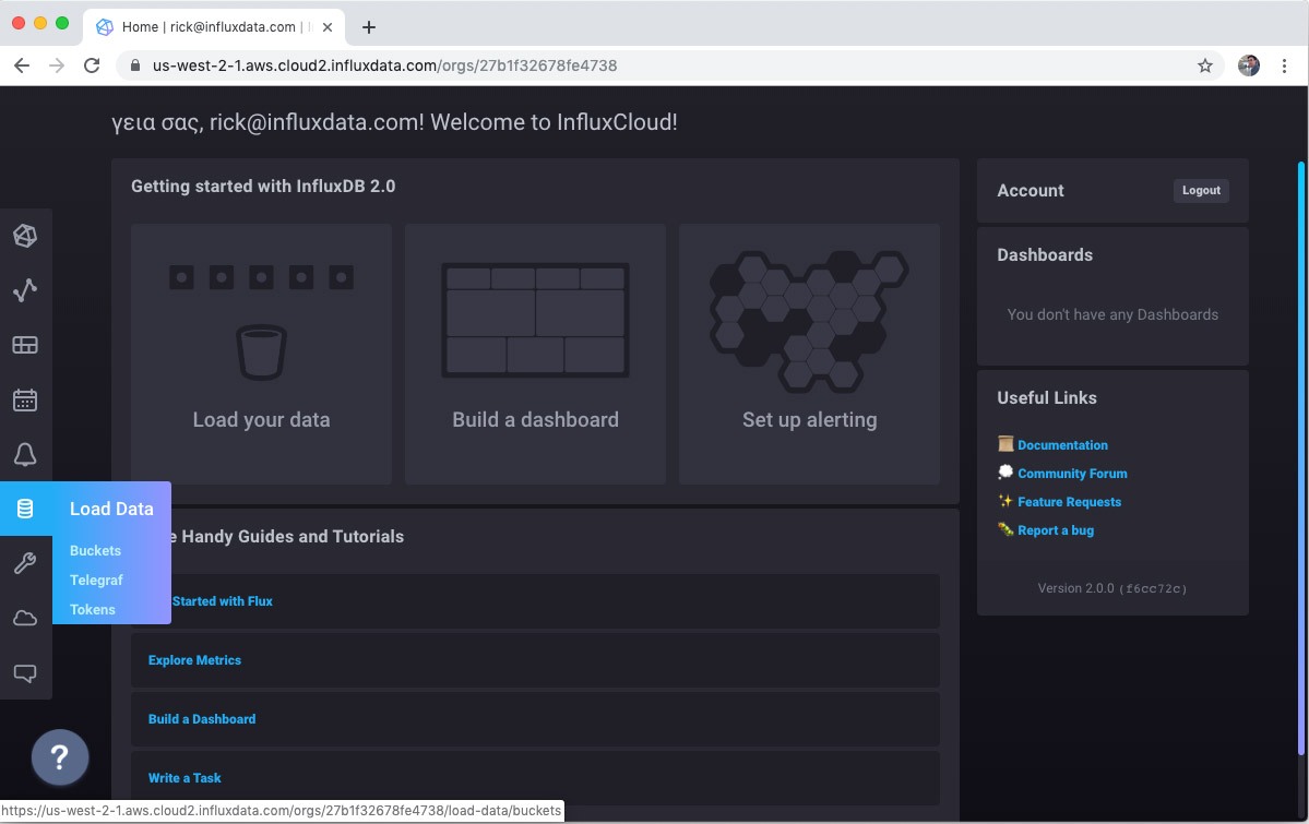 InfluxDB Cloud - load data screen